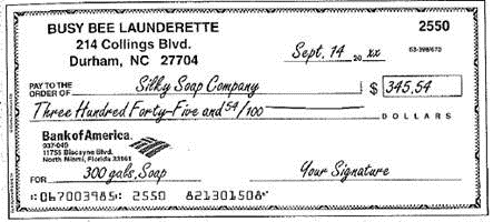 You are the owner of the Busy Bee Launderette. Using the blanks provided, write out the following checks in proper form. Check #2550, September 14, 20xx, in the amount of $345.54 to the Silky Soap Company for 300 gallons of liquid soap