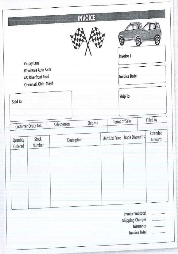 You are a salesperson for Victory Lane Wholesale Auto Parts. You have just taken a phone order from one of your best customers, Champion Motors. Because you were busy when the call came in, you recorded the details of the order on a notepad. Phone Order Notes • The invoice date is April 4, 20XX. • The customer order no. is 443B. • Champion Motors's warehouse is located at 7011 N.W. 4th Avenue, Columbus, Ohio 43205. • Terms of sale-3/15, n/45. • The order will be filled by D. Watson. • The goods will be shipped by truck. • Champion Motors's home office is located next to the warehouse at 7013 N.W. 4th Avenue. • Champion ordered 44 car batteries, stock #394, listing for $69.95 each and 24 truck batteries, stock #395, listing for $89.95 each. These items get trade discounts of 20/15. • Champion also ordered 36 cases of 10W/30 motor oil, stock #838-W, listing for $11.97 per case, and 48 cases of 10W/40 super-oil, stock #1621-S, listing for $14.97 per case. These items get trade discounts of 20/20/12. • The shipping charges for the order amount to $67.50. • Insurance charges amount to $27.68. a. Transfer your notes to the invoice on the following page, extend each line, and calculate the total. b. What is the discount date of the invoice c. If Champion sends a partial payment of $1,200 by the discount date, what is the balance due on the invoice d. What is the net date of the invoice e. Your company has a policy of charging a 5%late fee if invoice payments are more than five days late. What is the amount of the late fee that Champion will be charged if it fails to pay the balance due on time