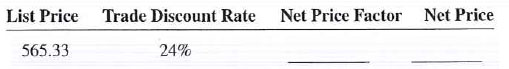 Calculate the following net price factors and net prices by using the complement method. Round all answers to the nearest cent.