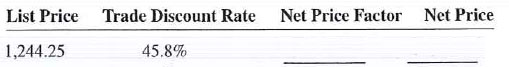 Calculate the following net price factors and net prices by using the complement method. Round all answers to the nearest cent.