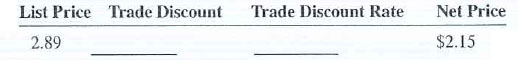 Calculate the following trade discount and trade discount rates. Round answers to the nearest tenth of a percent.   
