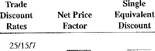 Calculate the following net price factors and single equivalent discounts. Round to five places when necessary.