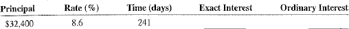 Use the extract interest method (365 days) and the ordinary interest method (360 days) to compare the amount of interest for the following loans.