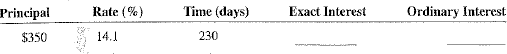 Use the extract interest method (365 days) and the ordinary interest method (360 days) to compare the amount of interest for the following loans.