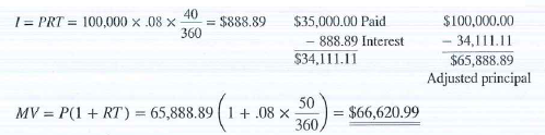 Solve the following word problems. Round answers to the nearest cent when necessary. The Actor's Playhouse theater borrowed $100,000 at 8% ordinary interest for 90 days to purchase new stage lighting equipment. On day 40 of the loan, the theater made a partial payment of $35,000. What is the new maturity value of the loan