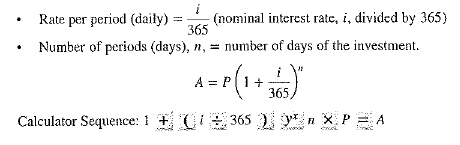 As an incentive to attract savings deposits, most financial institutions today offer daily and even continuous compounding. This means that savings, or passbook, accounts, as well as CD's, earn interest compounded each day or even more frequently, such as every hour or even every minute.(Continuous compounding, in which compounding occurs every instant, involves a different formula that is derived from the formula we've been using.) Let's take a look at daily compounding. To calculate the compound amount, A, of an investment with daily compounding, use the compound interest formula modified as follows:     a. On April 19, Thomas Ash deposited $2,700 in a passbook savings account at 3.5% interest compounded daily. what is the Compound amount of his account on August 5  b. Using daily compounding, recalculate the compound amount for each of three certificates of deposit in Exercise 32.