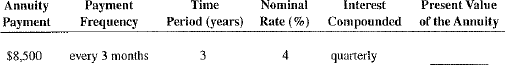 Use Table 12-2 to calculate the present value of the following ordinary annuities.
