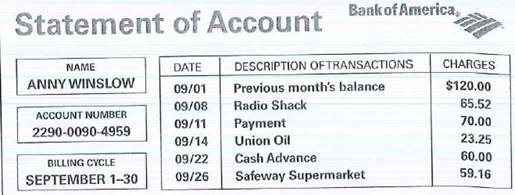 Anny Winslow has a Bank of America revolving credit account with an annual percentage rate of 12% calculated on the previous month's balance. Answer the questions that follow using the monthly statement below.     a. What is the finance charge  b. What is Anny's new balance
