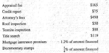 Adam Marsh is purchasing a $134,000 condominium apartment. The down payment is 20%, and the balance will be financed with a 20-year fixed-rate mortgage at 8.75% and 3 discount points. The annual property tax is $1,940, and the hazard insurance premium is $1,460. When Adam signed the original sales contract, he put down a deposit of $10,000, which will be credited to his down payment. In addition, at the time of closing, he must pay the following expenses:     As Adam's real estate agent, he has asked you the following questions: a. What is the total monthly PITI of the mortgage loan  b. What is the total amount of interest that Adam will pay on the loan  c. How much is due at the time of the closing  d. If the sellers are responsible for the 6% broker's commission, $900 in closing costs, and the existing first mortgage with a balance of $45,000, what proceeds will be received on the sale of the property