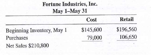 Using the retail method, estimate the value of the ending inventory at cost on May 31 from the following information for Fortune Industries, Inc. Round the cost ratio to the nearest tenth of a percent.