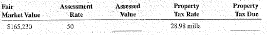 Calculate the assessed value and the property tax due on the following properties.  <div style=padding-top: 35px> 