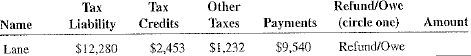 As a newly hired IRS trainee, you have been asked to calculate the amount of tax refund or tax owed for the following taxpayers.  <div style=padding-top: 35px> 