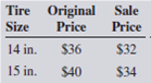 The following ad for Tire King shows the original and sale prices of certain tires. If 2 tires of each size are to be bought, what will be the total amount saved by purchasing at the sale prices rather than at the original prices?       