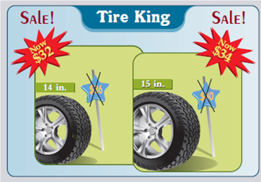 The following ad for Tire King shows the original and sale prices of certain tires. If 2 tires of each size are to be bought, what will be the total amount saved by purchasing at the sale prices rather than at the original prices?