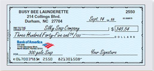 You are the owner of the Busy Bee Launderette. Using the blanks provided, write out the following checks in proper form.  Check #2550, September 14, 20xx, in the amount of $345.54 to the Silky Soap Company for 300 gallons of liquid soap.   