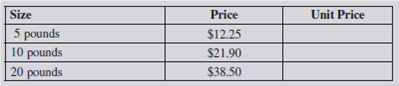 Use ratio and proportion to solve the following business situations.  One special type of ratio is known as a rate. A rate is a ratio that compares two quantities that have different units, such as miles per hour, calories per serving, pounds per square inch, and price per unit. In consumer economics, expressing prices as price per unit allows us to determine the best buy when comparing various shopping choices. All else being equal, the best buy is the choice with the lowest price per unit (unit price). Donna Kelsch is comparing dry cat food brands for her cats Nicki and Nasty. If Nicki and Nasty's favorite, Funny Fish, comes in the three sizes listed below, which size is the best buy? Hint: Determine the unit price for each size. Round to the nearest cent if necessary.   