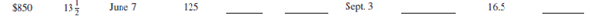 The following interest-bearing promissory notes were discounted at a bank by the payee before maturity. Use the ordinary interest method, 360 days, to calculate the missing information.