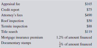 Adam Marsh is purchasing a $134,000 condominium apartment. The down payment is 20%, and the balance will be financed with a 20-year fixed-rate mortgage at 8.75% and 3 discount points. The annual property tax is $1,940, and the hazard insurance premium is $1,460. When Adam signed the original sales contract, he put down a deposit of $10,000, which will be credited to his down payment. In addition, at the time of closing, he must pay the following expenses:   As Adam's real estate agent, he has asked you the following questions: a. What is the total monthly PITI of the mortgage loan? b. What is the total amount of interest that Adam will pay on the loan? c. How much is due at the time of the closing? d. If the sellers are responsible for the 6% broker's commission, $900 in closing costs, and the existing first mortgage with a balance of $45,000, what proceeds will be received on the sale of the property?<div style=padding-top: 35px> 