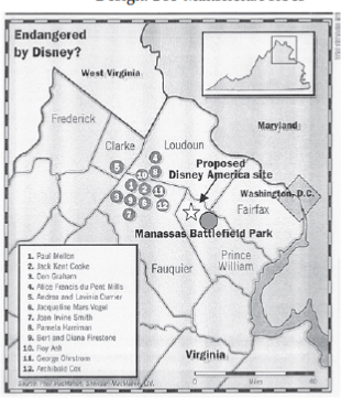 Disney's America Theme Park: The Third Battle of Bull Run  When you wish upon a star, makes no difference who you are. Anything your heart desires will come to you. If your heart is in your dreams, no request is too extreme... -Jiminy Cricket On September 22, 1994, Michael Eisner, CEO of the Walt Disney Company, one of the most powerful and well-known media conglomerates in the world, stared out the window of his Burbank office, contemplating the current situation surrounding the Disney's America theme park. Ever since November 8, 1993, when The Wall Street Journal first broke the news that Disney was planning to build a theme park near Washington, D.C., ongoing national debate over the location and concept of the $650 million park had caused tremendous frustration. Eisner thought back over the events of the past year. How could his great idea have run into such formidable resistance? THE CONTROVERSY COMES TO A HEAD  Eisner's secretary had clipped several newspaper articles covering two parades that took place on September 17. In Washington, D.C., several hundred Disney opponents from over 50 anti-Disney organizations had marched past the White House and rallied on the National Mall in protest of the park. On the same day in the streets of Haymarket, Virginia, near the proposed park site, Mickey Mouse and 101 localchildren dressed as Dalmatians had appeared in a parade that was filled with pro-Disney sentiment. Eisner was particularly struck by the contrast between the two pictures: one showing an anti-Disney display from the National Mall protest and another of Mickey and Minnie Mouse being driven through the streets of Haymarket during the exuberant community parade. Despite the controversy depicted in the press, on September 21, Prince William County, Virginia, planning commissioners had recommended local zoning approval for Disney's America, and regional transportation officials had authorized $130 million in local roads to serve it. It appeared very likely that the project would win final zoning approval in October. At the state level, Virginia's Governor George Allen continued his strong support of the park's development. Over the past three weeks, however, Eisner had been ruminating over a phone call he received in late August from John Cooke, President of the Disney Channel since 1985. Although Cooke had no responsibility for Disney's America, he had more experience in the Washington, D.C. political scene than any of Disney's other highest-ranking managers and was one of Eisner's most trusted executives. Cooke was not encouraging about the park's prospects. Quite familiar with many of the park's opponents, he believed they would not give up the fight under any circumstances. Given the anti-Disney coalition's considerable financial resources, the nationally publicized anti-Disney campaign could go on indefinitely, inflicting immeasurable damage on Disney's fun, family image. Cooke advised Eisner to think very seriously about ending the project. Since the mid-1980s, Eisner's business strategy was to revitalize Disney by broadening its brand into new ventures. Although promising at first, now the wisdom of some of the ventures seemed less certain. The worst example, EuroDisney, the new Disney park located outside Paris, continued to flounder. The numbers for fiscal year 1994, due in just a couple of days on September 30, didn't look promising. Estimates said net income would be down to $300 million from $800 million the year before, mostly because EuroDisney lost $515 million from operations and $372 million from a related accounting charge. The good news was that due to cost cutting, EuroDisney's losses were actually less than in the previous year, while the bad news was that attendance was also down. Prince al-Waleed bin Talal bin Adulaziz of Saudi Arabia had agreed to buy 24 percent of the park and build a convention center there, thus relieving some of the financial pressure, but it seemed that the negative press coverage of that park's troubles would never end. The Disney's America problem was particularly bothersome, however. Eisner realized that the controversy surrounding the park, coupled with the many other highly publicized problems of 1994, was damaging Disney's image. Due to publicity about its highly visible corporate problems, Disney's image as a business threatened to tarnish its reputation for family-friendly fun and fantasy. Personally, Eisner was particularly fond of the Disney's America concept. He had helped develop the original idea and had personally championed it within the Disney organization. He recalled the early meetings during which several Disney executives, including himself, had brainstormed an American history concept. He and the other executives had strongly believed that Disney had the unique capability of designing an American history theme park that would draw on the company's technical expertise and offer guests an entertaining, educational, and emotional journey through time. They envisioned guests, adults and children alike, embracing a park dedicated to telling the story of U.S. history. Eisner had hoped the park would be part of the personal legacy he would leave behind at Disney. As he told a Washington Post reporter, This is the one idea I've heard that is, in corporate locker room talk, what's known as a no-brainer. THE DISNEY'S AMERICA CONCEPT AND LOCATION  The idea of building an American history theme park originated in 1991 when Eisner and other Disney executives attended a meeting at Colonial Williamsburg in south eastern Virginia. The executives were impressed by the restored pre-Revolutionary capital. Disney had already been thinking about locations for theme parks that were on a somewhat smaller scale than the company's massive ones. Visiting Williamsburg helped Disney make the connection to a new park based on historical themes. Disney's attention soon shifted focus to Washington, D.C. As the third-largest tourist market in the United States and the center of American government, the nation's capital seemed a natural location for an American history park. The abundance of historical sites in the area broadened its appeal as a center of American history. Disney's other parks were located on the fringes of developed urban centers (Anaheim, Orlando, Tokyo, and Paris). The parks gained advantages from their proximity to urban centers, but due to their peripheral locations, Disney was able to acquire lower-priced land and ensure a safe environment for visitors, far from inner-city congestion and crime. Disney needed a location with easy access to an airport and an exit off an interstate highway. Executives hoped to find land that had already been zoned for development as well as local and state politicians who would be open to economic growth. In Prince William County, located in the heart of Virginia's Piedmont region, Disney found all these things. Dulles International Airport was located just east of Prince William County. U.S. Interstate 66 (I-66), the main traffic artery connecting Washington, D.C., with its western suburbs, could transport tourists straight from Washington's monuments and museums into Prince William County, a distance of about 35 miles. The political and economic context also made Prince William County attractive to Disney. Virginia had long been a pro-growth state, and its governors were constantly under pressure to bring in new business. Democratic Governor Doug Wilder would leave office in November 1993, having lost some notable campaigns to bring growth to Virginia's economy. Polls showed that he would likely be replaced by Republican George Allen, the son of a former Washington Redskins American football coach and a graduate of the University of Virginia. If elected, Allen would be under instant pressure to create state economic growth. Most Prince William County officials were also pro-growth, though not well prepared for it. The county's growing population of middle-class residents (up 62 percent since 1980) paid the highest taxes in the state of Virginia due to a dearth of economic development within the county. The Virginia legislature set an ambitious goal in 1990 to attract 14,000 jobs and $1 billion in nonresidential growth to the county to fund more and better schools and county administrative services, in addition to reducing residential taxes paid by each family. In the spring of 1993, Peter Rummell, President of Disney Design and Development, which included the famous Imagineering group, as well as the real estate division, identified 3,000 acres in Prince William County near the small town of Haymarket (population 483). The largest property was a 2,300-acre plot of land, the Waverly Tract, owned by a real estate subsidiary of the Exxon Corporation. Waverly was already zoned for mixed-use development of homes and office buildings, yet due to a weak real estate market, Exxon had never broken ground on the undeveloped farmland. For a modest holding price, Exxon was willing to option the property. Using a scheme that had worked years before in Orlando, the Disney real estate group bought or put options on Waverly and the remaining 3,000 acres without revealing the company's corporate identity in any of the transactions. THE VIRGINIA PIEDMONT  The northeast corner of Virginia comprises the Piedmont region. The region contains countless significant sites related to U.S. history, including, for example, the preserved homes of four of the first five U.S. presidents: Washington, Jefferson, Madison, and Monroe. According to Pulitzer Prize-winning historian David McCullough, This is the ground of our Founding Fathers. These are the landscapes-small towns, churches, fields, mountains, creeks, and rivers-that speak volumes.3 Thomas Jefferson loved the agrarian life he found on the farms east of the Blue Ridge Mountains. In his letters, he exulted over the region's delicious spring, soft genial temperatures, and good soil. The region is also home to more than two-dozen Civil War battlefields. The U.S. Civil War was fought largely over the issue of slavery, pitting northern states against the southern states that had seceded from the union. Just a National Battlefield Park, land that is protected and preserved by the U.S. National Park Service, commemorating two major Civil War battles. The first battle in 1861 was the Civil War's first major land engagement. The second, in 1862, marked the beginning of Confederate General Robert E. Lee's first invasion of the North. On what would become some of the bloodiest soil in U.S. history, Lee reflected at Bull Run in 1861, The views are so magnificent, the valleys so beautiful, the scenery so peaceful. What a glorious world the Almighty has given us. How thankless and ungrateful we are, and how we labor to mar His gifts. Although largely rural and predominantly middle class, the region was also notable as home to some of America's most wealthy and influential citizens. The largest estates suggested the presence of privilege at every turn: perfect fences built from stone or wood, carefully manicured pastures, large barns requiring lots of hired help, a few private landing strips, and long private lanes lined with boxwood or dogwood that led to magnificent private homes. Exhibit 9.1 provides a map showing the locations of some of the area's most wealthy homeowners. The Piedmont also had a history of successfully fighting local development projects. In the late 1970s, the Marriott Corporation had proposed building a large amusement park, and, in the late 1980s, a development group had planned to develop a major shopping mall in the area. Both projects were defeated by local opposition. DISNEY'S PLANS REVEALED  To keep its land acquisition secret, Disney had done little to work with local government and communities, but by late October of 1993, Eisner learned that Disney's plans had begun to leak. It would only be a matter of days before the news would hit the media, so in the meantime Disney had to act quickly. Behind the scenes, Eisner contacted outgoing Governor Wilder and Governor-elect Allen. Both gave their immediate support and agreed to attend a public announcement scheduled for November 11. The company hired a local real estate law firm, and also retained the services of Jody Powell, former Press Secretary to President Jimmy Carter, who ran the Powell Tate public relations firm. EXHIBIT 9.1 The Third Battle of Bull Run: The Disney's America Theme Park. Proximity of Disney's America Site to Several Wealthy Residents. Design: Bob Mansfield/Forbes      On November 8, 1993, a brief item appeared in The Wall Street Journal stating that Disney was planning to build a theme park somewhere in Virginia. That same day, Disney officials confirmed the story but provided no additional details. The next day, a Washington Post reporter identified Prince William County as the targeted area. Disney spokespeople confirmed the location and added some details. Disney officials briefed reporters and legislators, stating that they had investigated possible obstacles to the project, including environmental and historic preservation concerns, and believed there would be no serious problems. They also stated that they had studied traffic patterns on I-66 and believed additional theme park traffic would not exacerbate rush-hour congestion. Because 65 percent of Prince William County residents commuted to jobs in other northern Virginia counties, traffic congestion was a primary concern. On November 10, the Post ran the first full news story, headlined Disney Plans Theme Park Here; Haymarket, VA: Project to Include Mall, Feature American History. As local discussion increased, Disney held an upbeat news conference on November 11 and also issued a press release. Rummell, flanked by the governors and local officials, revealed an architectural model of the theme park and the surrounding development plans. The park logo featured a bold close-up of a stylized bald eagle rendered in navy blue, draped in red and white striped bunting, and with the words, Disney Is America emblazoned in gold across the eagle's chest. Disney's America was presented as a totally new concept... to celebrate those unique American qualities that have been our country's strengths and that have made this nation the beacon of hope to people everywhere. Disney would draw upon its entertainment experience in multimedia and theme park attractions. Disney officials emphasized the park's focus on the Civil War. Guests would enter the park through a detailed Civil War-era village and then ride a steam train to explore nine areas, each devoted to an episode from American history. One of these included a Civil War fort, complete with battle reenactments. Other exhibits included We the People, depicting the immigrant experience at Ellis Island, and Enterprise, a factory town featuring a high-speed thrill attraction called The Industrial Revolution. Disney officials predominantly sold the park on its economic benefits to the local area, stating that the park would directly generate about 3,000 permanent jobs along with 16,000 jobs indirectly. Around the park, the company would develop resort hotels, an RV park, a 27-hole public golf course, a commercial complex with retail and office space, and 2,300 homes.11 Disney projected $169 million in tax revenues for the first 10 years after the park opened in 1998 and nearly $2 billion over its first 30 years. In addition, Disney would donate land for schools and a library and reserve up to 40 percent green space as a buffer around the core recreational area. In part, the announcement came off better in print than at the conference. In the press release, Bob Weis, Senior Vice President of Walt Disney Imagineering, was quoted as saying, Beyond the rides and attractions for which Disney is famous, the park will be a venue for people of all ages, especially the young, to debate and discuss the future of our nation and to learn more about its past by living it. In the conference, however, Weis said of the attractions, We want to make you a Civil War soldier. We want to make you feel what it was like to be a slave, or what it was like to escape through the Underground Railroad. Weis's intended meaning was to refer to the new technology of virtual reality that would be used, but critics quickly jumped on the statement. Washington Post columnist Courtland Milloy contrasted the description to authentic history that would have to portray atrocities like slave whippings and rape.14 Author William Styron wrote that he believed the comment suggested that slavery was somehow a subject for fun or that the escape route used for slaves was similar to a subway system. PIEDMONT OPPOSITION  Almost immediately after Disney confirmed its plans to build a park in Prince William County, anti-Disney forces began organizing their opposition. To many who were alarmed, the plans seemed already so well-developed that they gave the impression of a fait accompli. Just days after Disney's formal announcement, a meeting was held at the home of Charles S. Whitehouse, a retired foreign service officer who had owned property in the Virginia hunt country since the early 1960s. The dozen guests included William D. Rogers, former Undersecretary of State under Henry Kissinger and now a senior partner in a powerfulWashington law firm; Joel McCleary, a former aide in the Carter White House and former Treasurer of the Democratic National Committee; and Lavinia Currier, great-granddaughter of Pittsburgh financier Andrew Mellon. William Backer, a former New York advertising executive who had created slogans for Coca Cola (Coke- It's the Real Thing) and Miller Beer (If you've got the time, we've got the beer), also attended. The group worried that the proposed development would undermine the upper Piedmont's traditional character and visual order. The phrase came from the charter of the Piedmont Environmental Council (PEC), a rural-preservation group co-chaired by Whitehouse. Many of Whitehouse's guests had donated considerable amounts of time and money to the organization, which fought development and bought land and easements to preserve the area. The PEC was originally founded in 1927 by a group of prominent landowners. Over the years, it fought successfully against uranium mining and plans for a western bypass highway. The group discussed the options for stopping Disney's encroachment upon the hunt country. There was the possibility of derailing the project during the Virginia legislature's next session. Rogers discussed some of the legal options. Backer suggested a negative publicity campaign, possibly at a national level, to force an image-conscious company like Disney to retreat. He argued for a subtle approach rather than a straight-on NIMBY (Not In My Backyard) campaign. He didn't want the opposition campaign to be viewed simply as a group of wealthy landowners who wanted to prevent a theme park from disturbing their fox hunting. As the meeting ended, Backer agreed to come up with a slogan. A few days later, Backer presented his Disney, Take a Second Look slogan to the group. Backer's angle was to convince Disney that it should reassess the idea of building a theme park amid the beauty of the Piedmont. Although the campaign addressed Disney directly, it would remind anyone who saw it of the Piedmont's unspoiled and now-threatened natural beauty. Within a few days, the slogan was running in radio ads and incorporated on a letterhead. The logo accompanying the slogan showed a balloon, with a barn and farmhouse inside, drifting away in the breeze. This initial meeting was followed by dozens of others in the coming weeks and months. One week after the gathering at the Whitehouse home, over 500 people attended a meeting at the Grace Episcopal Church in The Plains, Virginia, about seven miles west of the Disney site. The meeting's attendants represented a wide range of economic backgrounds, but they were united in their preference for the rural life they enjoyed. Megan Gallagher, Whitehouse's Co- Chairman of the Piedmont Environmental ?Council, led the meeting, reminding the group of other local protest movements that had stopped big projects. Other speeches rounded out the audience's concerns: the park's estimated 9 million annual visitors would spark low-density ancillary development like that around Anaheim and Orlando. The pristine countryside would be overcome by cheap hotels, restaurants, and strip malls. Already problematic traffic congestion would be exacerbated. The park would create low-wage jobs and not provide the tax base that the Disney plan promised. During the meeting, the Piedmont Environmental Council, which had already committed $100,000 of its $700,000 annual budget to the project, emerged as the leading opposition group. A few days after the meeting at Grace Episcopal Church, another meeting organized by the Prince Charitable Trusts of Chicago, another land preservation group, was held at a local restaurant. This meeting brought together several regional and national environmental groups concerned about the Disney's America project. Eventually, the Prince Charitable Trusts would give over $400,000 to 14 different anti-Disney groups that conducted studies, gave press conferences, and attacked Disney from every possible environmental angle. The largest grant went to the National Growth Management League, which mounted a local advertising campaign under the name Citizens Against Gridlock. The campaign depicted I-66, already one of northern Virginia's busiest and congested highways, as Disney's parking lot. In early December, the PEC held a news conference in a Washington hotel to increase the reach of its Second Look campaign. It retained a prominent Washington law firm as well as a public relations firm. The group began recruiting and organizing dozens of volunteers. It sent out a fundraising letter seeking $500,000 in contributions. It also commissioned experts to assess the park's impact on the environment, urban sprawl, traffic, employment, and property taxes. DISNEY'S CAMPAIGN  Soon after the public announcement, Disney undertook concerted efforts to win over state and local government, as well as constituencies within proximity of the proposed site. Virginia's new Governor, George Allen, immediately promoted the Disney project. He believed Disney's worldwide reputation would make Virginia an international tourist destination, bringing millions of travelers to the state. In numerous press releases, Allen endorsed Disney's belief that the project would create 19,000 jobs and bring millions of new tax dollars to state and municipal coffers. By early January, Disney asked the state to bear some of the costs of the new park. Disney requested $137 million in state highway improvements and $21 million to train workers, move equipment from Orlando, pay for advertising, and put up highway signs directing tourists to the park. These funds would have to be guaranteed by the end of the current state legislative session to allow Disney to move ahead with development in early 1995. Now focusing on Virginia's state capital, Disney retained a well-connected Richmond law firm to handle its lobbying efforts. It also hired a Richmond event-planning firm to organize two large receptions. Lobbying expenses alone reached almost $450,000, including $32,000 for receptions and $230 for the Mickey Mouse ties given to state legislators. Allen supported Disney's request and argued the highway improvements Disney planned would ease traffic problems that already existed in northern Virginia, in addition to accommodating the extra traffic generated by the park. The state's support of the project, he said, would send a message that Virginia was open for business. Disney officials met with African-American legislators and promised to ensure that minorities got a good shot at contracts and jobs. They invited a dozen officials from area museums and historic sites, including Monticello and Colonial Williamsburg, to a meeting in Orlando to discuss their plans for portraying history in the northern Virginia park. In Richmond, Disney lobbyists portrayed opponents as wealthy landowners who simply did not want Disney in their backyards. Disney sought and received strong support from the Prince William business community, especially realtors, contractors, hotels, restaurants, and utility companies. The Disney staff also poured tremendous effort into harnessing the support of local citizens, spending hours preaching the message of neighborliness to local groups. Groups formed to support the park, including the Welcome Disney Committee, Friends of the Mouse, Youth for Disney, and Patriots for Disney. Members of these groups attended state legislative hearings, gave testimony, and handed out bumper stickers and buttons. Disney sent newsletters to 100,000 local households and retained a second Washington public relations firm to handle grassroots support. Disney also entered negotiations with the National Park Service at the Manassas park, which was three miles away. The company agreed to limit the height of its structures to 140 feet so they would not be visible from the park and to develop a special transit bus system that would transport 20 percent of Disney guests and 10 percent of employees. The company promised to promote historic preservation and the Manassas National Battlefield Park within Disney's America and immediately donated money to an allied nonprofit group. THE PEC'S CAMPAIGN  The PEC mounted a strong effort in Richmond as well, including hiring two full-time lobbyists. Its campaign was based on the premise that the park was a bad business deal for Virginia. The PEC claimed that the park would generate fewer jobs than Disney and Governor Allen had promised-6,300 rather than 19,000- and that the jobs would not pay well. They accused Allen of exaggerating the tax benefits. They emphasized the traffic and air pollution that would be caused by the park. They also suggested 32 other sites in the Washington area that would be more suited to the project than the current site. Finally, they suggested that the state should not have to fund any of the park's development. The PEC spent over $2 million in its campaign against Disney, including lobbying and public relations. THE VOTE  On March 12, 1994, when the Virginia state legislature voted on a $163 million tax package for Disney, the results clearly favored Disney. This wasn't even a close call for the state government officials. Disney won 35 to 5 in the Virginia Senate and 73 to 25 in the House of Delegates. Things were looking up for the Disney's America project, although a new bumper sticker appeared in the Piedmont that said, Gov. Allen Slipped Virginia a Mickey. THE HISTORIANS AND JOURNALISTS TAKE OVER  Disney officials were elated after their victory in Richmond. It seemed likely that construction could begin in early 1995 after all. Meanwhile, Disney's opponents were not ready to give up the fight. Public debate on local issues such as traffic congestion and pollution had failed to keep Disney out of the Piedmont, and the anti-Disney crowd realized they needed to change the theme of their campaign. They needed a grander, more significant argument- something that would gain national attention. The kernel of that argument had appeared in December 1993, in an editorial written to the Washington Post by Richard Moe, President of the National Trust for Historic Preservation and former Chief of Staff for Vice President Walter Mondale. In his article, Moe suggested that Disney's development would engulf some of the most beautiful and historic countryside in America. He predicted that the park would reduce attendance at authentic northern Virginia historic landmarks, including the Manassas battlefield. Moe also questioned Disney's ability to seriously portray American history when the success of its other theme parks was based on simply showing visitors a good time. Moe's article was followed by a similar piece published in mid-February 1994 by the Los Angeles Times , the newspaper serving Disney's southern California headquarters. This editorial was written by Pulitzer Prize-winning journalist Nick Kotz, whose Virginia farm happened to be located three miles from the Disney site. Like Moe, Kotz based his article on the premise that Disney's park would desecrate land that should be considered a national treasure. He suggested that Disney would cheapen and trivialize its historic value. After the article was published, Kotz met with Moe over breakfast at the Mayflower Hotel in Washington to discuss anti-Disney strategy. This meeting was one of many that would follow among a growing network of the nation's most elite journalists and historians who were becoming increasingly concerned over Disney's plans. As the network grew, several prominent historians joined the fight against Disney and formed a group that became known as Protect Historic America. An early recruit was David McCullough, the author of several best-selling books, including a Pulitzer Prize-winning biography of Harry Truman. McCullough was very well known, particularly of late for his narration of the highly acclaimed Ken Burns Civil War series on PBS. Another prominent member was James McPherson, a Princeton University professor and author of the Pulitzer Prize-winning Battle Cry of Freedom. Exhibit 9.2 provides a list of many prominent authors and historians who joined Protect Historic America in its early stages. By May, Protect Historic America was prepared to launch a national campaign in partnership with Moe's National Trust for Historic Preservation. Using funds donated by Piedmont residents, the group placed a fullpage ad in the May 2 edition of the Washington Post , asking Eisner to reconsider the Haymarket site. The ad included a tear-away response form at the bottom and generated over 5,000 responses. Nine days later, on May 11, the group held a news conference at the National Press Club that featured McCullough and Moe, among others. The prominent journalists in the group virtually assured that the conference would receive national news coverage. During the well-publicized news conference, the speakers argued that Disney threat ened the Piedmont countryside, including historic towns and battlefields. The region's rich heritage made it valuable to all Americans. David McCullough stated, We have so little left that's authentic and real. To replace what we have with plastic, contrived history is almost sacrilege.20 James McPherson, in a written statement presented to reporters, said, A historical theme park in Northern Virginia, three miles from the Manassas National Battlefield, threatens to destroy the very historical landscape it purports to interpret. The press conference, along with personal correspondence from McCullough and McPherson, convinced over 200 historians and writers to endorse the fight against Disney. EXHIBIT 9.2 The Third Battle of Bull Run: The Disney's America Theme Park. Partial List of Historians and Authors in the Anti-Disney Campaign      Several historians wrote articles in national publications, attacking the Disney project. C. Vann Woodward, the noted Southern historian, wrote an article for the New Republic in which he stated: What troubles us most is the desecration of a particular region... historians don't own history, but it isn't Disney's America either. Nor is it Virginia's. Every state... in the country sent sons to fight here for what they believed, right or wrong. They helped make it a national heritage, not a theme park. The historians and journalists attempted to limit their arguments to the importance of preserving the Piedmont land and its historic heritage. Concerned that they would be regarded as cultural elitists, they tried to avoid the argument that Disney should not attempt to portray history in a theme park. There were several notable deviations from this strategy, however. McCullough once referred to Disney's plans as McHistory. Shelby Foote, a Civil War historian, made it clear that he believed Disney would sentimentalize history as it had done to the animal kingdom. Commentator George Will asked facetiously, Is the idea to see your sister sold down the river, then get cotton candy? Around this same time period, a lively online discussion took place on the H-Civwar listserve, whose members included academics and historians who were Civil War buffs. DISNEY'S RESPONSE  Following the May 11 press