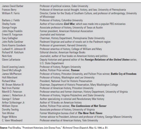 Disney's America Theme Park: The Third Battle of Bull Run  When you wish upon a star, makes no difference who you are. Anything your heart desires will come to you. If your heart is in your dreams, no request is too extreme... -Jiminy Cricket On September 22, 1994, Michael Eisner, CEO of the Walt Disney Company, one of the most powerful and well-known media conglomerates in the world, stared out the window of his Burbank office, contemplating the current situation surrounding the Disney's America theme park. Ever since November 8, 1993, when The Wall Street Journal first broke the news that Disney was planning to build a theme park near Washington, D.C., ongoing national debate over the location and concept of the $650 million park had caused tremendous frustration. Eisner thought back over the events of the past year. How could his great idea have run into such formidable resistance? THE CONTROVERSY COMES TO A HEAD  Eisner's secretary had clipped several newspaper articles covering two parades that took place on September 17. In Washington, D.C., several hundred Disney opponents from over 50 anti-Disney organizations had marched past the White House and rallied on the National Mall in protest of the park. On the same day in the streets of Haymarket, Virginia, near the proposed park site, Mickey Mouse and 101 localchildren dressed as Dalmatians had appeared in a parade that was filled with pro-Disney sentiment. Eisner was particularly struck by the contrast between the two pictures: one showing an anti-Disney display from the National Mall protest and another of Mickey and Minnie Mouse being driven through the streets of Haymarket during the exuberant community parade. Despite the controversy depicted in the press, on September 21, Prince William County, Virginia, planning commissioners had recommended local zoning approval for Disney's America, and regional transportation officials had authorized $130 million in local roads to serve it. It appeared very likely that the project would win final zoning approval in October. At the state level, Virginia's Governor George Allen continued his strong support of the park's development. Over the past three weeks, however, Eisner had been ruminating over a phone call he received in late August from John Cooke, President of the Disney Channel since 1985. Although Cooke had no responsibility for Disney's America, he had more experience in the Washington, D.C. political scene than any of Disney's other highest-ranking managers and was one of Eisner's most trusted executives. Cooke was not encouraging about the park's prospects. Quite familiar with many of the park's opponents, he believed they would not give up the fight under any circumstances. Given the anti-Disney coalition's considerable financial resources, the nationally publicized anti-Disney campaign could go on indefinitely, inflicting immeasurable damage on Disney's fun, family image. Cooke advised Eisner to think very seriously about ending the project. Since the mid-1980s, Eisner's business strategy was to revitalize Disney by broadening its brand into new ventures. Although promising at first, now the wisdom of some of the ventures seemed less certain. The worst example, EuroDisney, the new Disney park located outside Paris, continued to flounder. The numbers for fiscal year 1994, due in just a couple of days on September 30, didn't look promising. Estimates said net income would be down to $300 million from $800 million the year before, mostly because EuroDisney lost $515 million from operations and $372 million from a related accounting charge. The good news was that due to cost cutting, EuroDisney's losses were actually less than in the previous year, while the bad news was that attendance was also down. Prince al-Waleed bin Talal bin Adulaziz of Saudi Arabia had agreed to buy 24 percent of the park and build a convention center there, thus relieving some of the financial pressure, but it seemed that the negative press coverage of that park's troubles would never end. The Disney's America problem was particularly bothersome, however. Eisner realized that the controversy surrounding the park, coupled with the many other highly publicized problems of 1994, was damaging Disney's image. Due to publicity about its highly visible corporate problems, Disney's image as a business threatened to tarnish its reputation for family-friendly fun and fantasy. Personally, Eisner was particularly fond of the Disney's America concept. He had helped develop the original idea and had personally championed it within the Disney organization. He recalled the early meetings during which several Disney executives, including himself, had brainstormed an American history concept. He and the other executives had strongly believed that Disney had the unique capability of designing an American history theme park that would draw on the company's technical expertise and offer guests an entertaining, educational, and emotional journey through time. They envisioned guests, adults and children alike, embracing a park dedicated to telling the story of U.S. history. Eisner had hoped the park would be part of the personal legacy he would leave behind at Disney. As he told a Washington Post reporter, This is the one idea I've heard that is, in corporate locker room talk, what's known as a no-brainer. THE DISNEY'S AMERICA CONCEPT AND LOCATION  The idea of building an American history theme park originated in 1991 when Eisner and other Disney executives attended a meeting at Colonial Williamsburg in south eastern Virginia. The executives were impressed by the restored pre-Revolutionary capital. Disney had already been thinking about locations for theme parks that were on a somewhat smaller scale than the company's massive ones. Visiting Williamsburg helped Disney make the connection to a new park based on historical themes. Disney's attention soon shifted focus to Washington, D.C. As the third-largest tourist market in the United States and the center of American government, the nation's capital seemed a natural location for an American history park. The abundance of historical sites in the area broadened its appeal as a center of American history. Disney's other parks were located on the fringes of developed urban centers (Anaheim, Orlando, Tokyo, and Paris). The parks gained advantages from their proximity to urban centers, but due to their peripheral locations, Disney was able to acquire lower-priced land and ensure a safe environment for visitors, far from inner-city congestion and crime. Disney needed a location with easy access to an airport and an exit off an interstate highway. Executives hoped to find land that had already been zoned for development as well as local and state politicians who would be open to economic growth. In Prince William County, located in the heart of Virginia's Piedmont region, Disney found all these things. Dulles International Airport was located just east of Prince William County. U.S. Interstate 66 (I-66), the main traffic artery connecting Washington, D.C., with its western suburbs, could transport tourists straight from Washington's monuments and museums into Prince William County, a distance of about 35 miles. The political and economic context also made Prince William County attractive to Disney. Virginia had long been a pro-growth state, and its governors were constantly under pressure to bring in new business. Democratic Governor Doug Wilder would leave office in November 1993, having lost some notable campaigns to bring growth to Virginia's economy. Polls showed that he would likely be replaced by Republican George Allen, the son of a former Washington Redskins American football coach and a graduate of the University of Virginia. If elected, Allen would be under instant pressure to create state economic growth. Most Prince William County officials were also pro-growth, though not well prepared for it. The county's growing population of middle-class residents (up 62 percent since 1980) paid the highest taxes in the state of Virginia due to a dearth of economic development within the county. The Virginia legislature set an ambitious goal in 1990 to attract 14,000 jobs and $1 billion in nonresidential growth to the county to fund more and better schools and county administrative services, in addition to reducing residential taxes paid by each family. In the spring of 1993, Peter Rummell, President of Disney Design and Development, which included the famous Imagineering group, as well as the real estate division, identified 3,000 acres in Prince William County near the small town of Haymarket (population 483). The largest property was a 2,300-acre plot of land, the Waverly Tract, owned by a real estate subsidiary of the Exxon Corporation. Waverly was already zoned for mixed-use development of homes and office buildings, yet due to a weak real estate market, Exxon had never broken ground on the undeveloped farmland. For a modest holding price, Exxon was willing to option the property. Using a scheme that had worked years before in Orlando, the Disney real estate group bought or put options on Waverly and the remaining 3,000 acres without revealing the company's corporate identity in any of the transactions. THE VIRGINIA PIEDMONT  The northeast corner of Virginia comprises the Piedmont region. The region contains countless significant sites related to U.S. history, including, for example, the preserved homes of four of the first five U.S. presidents: Washington, Jefferson, Madison, and Monroe. According to Pulitzer Prize-winning historian David McCullough, This is the ground of our Founding Fathers. These are the landscapes-small towns, churches, fields, mountains, creeks, and rivers-that speak volumes.3 Thomas Jefferson loved the agrarian life he found on the farms east of the Blue Ridge Mountains. In his letters, he exulted over the region's delicious spring, soft genial temperatures, and good soil. The region is also home to more than two-dozen Civil War battlefields. The U.S. Civil War was fought largely over the issue of slavery, pitting northern states against the southern states that had seceded from the union. Just a National Battlefield Park, land that is protected and preserved by the U.S. National Park Service, commemorating two major Civil War battles. The first battle in 1861 was the Civil War's first major land engagement. The second, in 1862, marked the beginning of Confederate General Robert E. Lee's first invasion of the North. On what would become some of the bloodiest soil in U.S. history, Lee reflected at Bull Run in 1861, The views are so magnificent, the valleys so beautiful, the scenery so peaceful. What a glorious world the Almighty has given us. How thankless and ungrateful we are, and how we labor to mar His gifts. Although largely rural and predominantly middle class, the region was also notable as home to some of America's most wealthy and influential citizens. The largest estates suggested the presence of privilege at every turn: perfect fences built from stone or wood, carefully manicured pastures, large barns requiring lots of hired help, a few private landing strips, and long private lanes lined with boxwood or dogwood that led to magnificent private homes. Exhibit 9.1 provides a map showing the locations of some of the area's most wealthy homeowners. The Piedmont also had a history of successfully fighting local development projects. In the late 1970s, the Marriott Corporation had proposed building a large amusement park, and, in the late 1980s, a development group had planned to develop a major shopping mall in the area. Both projects were defeated by local opposition. DISNEY'S PLANS REVEALED  To keep its land acquisition secret, Disney had done little to work with local government and communities, but by late October of 1993, Eisner learned that Disney's plans had begun to leak. It would only be a matter of days before the news would hit the media, so in the meantime Disney had to act quickly. Behind the scenes, Eisner contacted outgoing Governor Wilder and Governor-elect Allen. Both gave their immediate support and agreed to attend a public announcement scheduled for November 11. The company hired a local real estate law firm, and also retained the services of Jody Powell, former Press Secretary to President Jimmy Carter, who ran the Powell Tate public relations firm. EXHIBIT 9.1 The Third Battle of Bull Run: The Disney's America Theme Park. Proximity of Disney's America Site to Several Wealthy Residents. Design: Bob Mansfield/Forbes      On November 8, 1993, a brief item appeared in The Wall Street Journal stating that Disney was planning to build a theme park somewhere in Virginia. That same day, Disney officials confirmed the story but provided no additional details. The next day, a Washington Post reporter identified Prince William County as the targeted area. Disney spokespeople confirmed the location and added some details. Disney officials briefed reporters and legislators, stating that they had investigated possible obstacles to the project, including environmental and historic preservation concerns, and believed there would be no serious problems. They also stated that they had studied traffic patterns on I-66 and believed additional theme park traffic would not exacerbate rush-hour congestion. Because 65 percent of Prince William County residents commuted to jobs in other northern Virginia counties, traffic congestion was a primary concern. On November 10, the Post ran the first full news story, headlined Disney Plans Theme Park Here; Haymarket, VA: Project to Include Mall, Feature American History. As local discussion increased, Disney held an upbeat news conference on November 11 and also issued a press release. Rummell, flanked by the governors and local officials, revealed an architectural model of the theme park and the surrounding development plans. The park logo featured a bold close-up of a stylized bald eagle rendered in navy blue, draped in red and white striped bunting, and with the words, Disney Is America emblazoned in gold across the eagle's chest. Disney's America was presented as a totally new concept... to celebrate those unique American qualities that have been our country's strengths and that have made this nation the beacon of hope to people everywhere. Disney would draw upon its entertainment experience in multimedia and theme park attractions. Disney officials emphasized the park's focus on the Civil War. Guests would enter the park through a detailed Civil War-era village and then ride a steam train to explore nine areas, each devoted to an episode from American history. One of these included a Civil War fort, complete with battle reenactments. Other exhibits included We the People, depicting the immigrant experience at Ellis Island, and Enterprise, a factory town featuring a high-speed thrill attraction called The Industrial Revolution. Disney officials predominantly sold the park on its economic benefits to the local area, stating that the park would directly generate about 3,000 permanent jobs along with 16,000 jobs indirectly. Around the park, the company would develop resort hotels, an RV park, a 27-hole public golf course, a commercial complex with retail and office space, and 2,300 homes.11 Disney projected $169 million in tax revenues for the first 10 years after the park opened in 1998 and nearly $2 billion over its first 30 years. In addition, Disney would donate land for schools and a library and reserve up to 40 percent green space as a buffer around the core recreational area. In part, the announcement came off better in print than at the conference. In the press release, Bob Weis, Senior Vice President of Walt Disney Imagineering, was quoted as saying, Beyond the rides and attractions for which Disney is famous, the park will be a venue for people of all ages, especially the young, to debate and discuss the future of our nation and to learn more about its past by living it. In the conference, however, Weis said of the attractions, We want to make you a Civil War soldier. We want to make you feel what it was like to be a slave, or what it was like to escape through the Underground Railroad. Weis's intended meaning was to refer to the new technology of virtual reality that would be used, but critics quickly jumped on the statement. Washington Post columnist Courtland Milloy contrasted the description to authentic history that would have to portray atrocities like slave whippings and rape.14 Author William Styron wrote that he believed the comment suggested that slavery was somehow a subject for fun or that the escape route used for slaves was similar to a subway system. PIEDMONT OPPOSITION  Almost immediately after Disney confirmed its plans to build a park in Prince William County, anti-Disney forces began organizing their opposition. To many who were alarmed, the plans seemed already so well-developed that they gave the impression of a fait accompli. Just days after Disney's formal announcement, a meeting was held at the home of Charles S. Whitehouse, a retired foreign service officer who had owned property in the Virginia hunt country since the early 1960s. The dozen guests included William D. Rogers, former Undersecretary of State under Henry Kissinger and now a senior partner in a powerfulWashington law firm; Joel McCleary, a former aide in the Carter White House and former Treasurer of the Democratic National Committee; and Lavinia Currier, great-granddaughter of Pittsburgh financier Andrew Mellon. William Backer, a former New York advertising executive who had created slogans for Coca Cola (Coke- It's the Real Thing) and Miller Beer (If you've got the time, we've got the beer), also attended. The group worried that the proposed development would undermine the upper Piedmont's traditional character and visual order. The phrase came from the charter of the Piedmont Environmental Council (PEC), a rural-preservation group co-chaired by Whitehouse. Many of Whitehouse's guests had donated considerable amounts of time and money to the organization, which fought development and bought land and easements to preserve the area. The PEC was originally founded in 1927 by a group of prominent landowners. Over the years, it fought successfully against uranium mining and plans for a western bypass highway. The group discussed the options for stopping Disney's encroachment upon the hunt country. There was the possibility of derailing the project during the Virginia legislature's next session. Rogers discussed some of the legal options. Backer suggested a negative publicity campaign, possibly at a national level, to force an image-conscious company like Disney to retreat. He argued for a subtle approach rather than a straight-on NIMBY (Not In My Backyard) campaign. He didn't want the opposition campaign to be viewed simply as a group of wealthy landowners who wanted to prevent a theme park from disturbing their fox hunting. As the meeting ended, Backer agreed to come up with a slogan. A few days later, Backer presented his Disney, Take a Second Look slogan to the group. Backer's angle was to convince Disney that it should reassess the idea of building a theme park amid the beauty of the Piedmont. Although the campaign addressed Disney directly, it would remind anyone who saw it of the Piedmont's unspoiled and now-threatened natural beauty. Within a few days, the slogan was running in radio ads and incorporated on a letterhead. The logo accompanying the slogan showed a balloon, with a barn and farmhouse inside, drifting away in the breeze. This initial meeting was followed by dozens of others in the coming weeks and months. One week after the gathering at the Whitehouse home, over 500 people attended a meeting at the Grace Episcopal Church in The Plains, Virginia, about seven miles west of the Disney site. The meeting's attendants represented a wide range of economic backgrounds, but they were united in their preference for the rural life they enjoyed. Megan Gallagher, Whitehouse's Co- Chairman of the Piedmont Environmental ?Council, led the meeting, reminding the group of other local protest movements that had stopped big projects. Other speeches rounded out the audience's concerns: the park's estimated 9 million annual visitors would spark low-density ancillary development like that around Anaheim and Orlando. The pristine countryside would be overcome by cheap hotels, restaurants, and strip malls. Already problematic traffic congestion would be exacerbated. The park would create low-wage jobs and not provide the tax base that the Disney plan promised. During the meeting, the Piedmont Environmental Council, which had already committed $100,000 of its $700,000 annual budget to the project, emerged as the leading opposition group. A few days after the meeting at Grace Episcopal Church, another meeting organized by the Prince Charitable Trusts of Chicago, another land preservation group, was held at a local restaurant. This meeting brought together several regional and national environmental groups concerned about the Disney's America project. Eventually, the Prince Charitable Trusts would give over $400,000 to 14 different anti-Disney groups that conducted studies, gave press conferences, and attacked Disney from every possible environmental angle. The largest grant went to the National Growth Management League, which mounted a local advertising campaign under the name Citizens Against Gridlock. The campaign depicted I-66, already one of northern Virginia's busiest and congested highways, as Disney's parking lot. In early December, the PEC held a news conference in a Washington hotel to increase the reach of its Second Look campaign. It retained a prominent Washington law firm as well as a public relations firm. The group began recruiting and organizing dozens of volunteers. It sent out a fundraising letter seeking $500,000 in contributions. It also commissioned experts to assess the park's impact on the environment, urban sprawl, traffic, employment, and property taxes. DISNEY'S CAMPAIGN  Soon after the public announcement, Disney undertook concerted efforts to win over state and local government, as well as constituencies within proximity of the proposed site. Virginia's new Governor, George Allen, immediately promoted the Disney project. He believed Disney's worldwide reputation would make Virginia an international tourist destination, bringing millions of travelers to the state. In numerous press releases, Allen endorsed Disney's belief that the project would create 19,000 jobs and bring millions of new tax dollars to state and municipal coffers. By early January, Disney asked the state to bear some of the costs of the new park. Disney requested $137 million in state highway improvements and $21 million to train workers, move equipment from Orlando, pay for advertising, and put up highway signs directing tourists to the park. These funds would have to be guaranteed by the end of the current state legislative session to allow Disney to move ahead with development in early 1995. Now focusing on Virginia's state capital, Disney retained a well-connected Richmond law firm to handle its lobbying efforts. It also hired a Richmond event-planning firm to organize two large receptions. Lobbying expenses alone reached almost $450,000, including $32,000 for receptions and $230 for the Mickey Mouse ties given to state legislators. Allen supported Disney's request and argued the highway improvements Disney planned would ease traffic problems that already existed in northern Virginia, in addition to accommodating the extra traffic generated by the park. The state's support of the project, he said, would send a message that Virginia was open for business. Disney officials met with African-American legislators and promised to ensure that minorities got a good shot at contracts and jobs. They invited a dozen officials from area museums and historic sites, including Monticello and Colonial Williamsburg, to a meeting in Orlando to discuss their plans for portraying history in the northern Virginia park. In Richmond, Disney lobbyists portrayed opponents as wealthy landowners who simply did not want Disney in their backyards. Disney sought and received strong support from the Prince William business community, especially realtors, contractors, hotels, restaurants, and utility companies. The Disney staff also poured tremendous effort into harnessing the support of local citizens, spending hours preaching the message of neighborliness to local groups. Groups formed to support the park, including the Welcome Disney Committee, Friends of the Mouse, Youth for Disney, and Patriots for Disney. Members of these groups attended state legislative hearings, gave testimony, and handed out bumper stickers and buttons. Disney sent newsletters to 100,000 local households and retained a second Washington public relations firm to handle grassroots support. Disney also entered negotiations with the National Park Service at the Manassas park, which was three miles away. The company agreed to limit the height of its structures to 140 feet so they would not be visible from the park and to develop a special transit bus system that would transport 20 percent of Disney guests and 10 percent of employees. The company promised to promote historic preservation and the Manassas National Battlefield Park within Disney's America and immediately donated money to an allied nonprofit group. THE PEC'S CAMPAIGN  The PEC mounted a strong effort in Richmond as well, including hiring two full-time lobbyists. Its campaign was based on the premise that the park was a bad business deal for Virginia. The PEC claimed that the park would generate fewer jobs than Disney and Governor Allen had promised-6,300 rather than 19,000- and that the jobs would not pay well. They accused Allen of exaggerating the tax benefits. They emphasized the traffic and air pollution that would be caused by the park. They also suggested 32 other sites in the Washington area that would be more suited to the project than the current site. Finally, they suggested that the state should not have to fund any of the park's development. The PEC spent over $2 million in its campaign against Disney, including lobbying and public relations. THE VOTE  On March 12, 1994, when the Virginia state legislature voted on a $163 million tax package for Disney, the results clearly favored Disney. This wasn't even a close call for the state government officials. Disney won 35 to 5 in the Virginia Senate and 73 to 25 in the House of Delegates. Things were looking up for the Disney's America project, although a new bumper sticker appeared in the Piedmont that said, Gov. Allen Slipped Virginia a Mickey. THE HISTORIANS AND JOURNALISTS TAKE OVER  Disney officials were elated after their victory in Richmond. It seemed likely that construction could begin in early 1995 after all. Meanwhile, Disney's opponents were not ready to give up the fight. Public debate on local issues such as traffic congestion and pollution had failed to keep Disney out of the Piedmont, and the anti-Disney crowd realized they needed to change the theme of their campaign. They needed a grander, more significant argument- something that would gain national attention. The kernel of that argument had appeared in December 1993, in an editorial written to the Washington Post by Richard Moe, President of the National Trust for Historic Preservation and former Chief of Staff for Vice President Walter Mondale. In his article, Moe suggested that Disney's development would engulf some of the most beautiful and historic countryside in America. He predicted that the park would reduce attendance at authentic northern Virginia historic landmarks, including the Manassas battlefield. Moe also questioned Disney's ability to seriously portray American history when the success of its other theme parks was based on simply showing visitors a good time. Moe's article was followed by a similar piece published in mid-February 1994 by the Los Angeles Times , the newspaper serving Disney's southern California headquarters. This editorial was written by Pulitzer Prize-winning journalist Nick Kotz, whose Virginia farm happened to be located three miles from the Disney site. Like Moe, Kotz based his article on the premise that Disney's park would desecrate land that should be considered a national treasure. He suggested that Disney would cheapen and trivialize its historic value. After the article was published, Kotz met with Moe over breakfast at the Mayflower Hotel in Washington to discuss anti-Disney strategy. This meeting was one of many that would follow among a growing network of the nation's most elite journalists and historians who were becoming increasingly concerned over Disney's plans. As the network grew, several prominent historians joined the fight against Disney and formed a group that became known as Protect Historic America. An early recruit was David McCullough, the author of several best-selling books, including a Pulitzer Prize-winning biography of Harry Truman. McCullough was very well known, particularly of late for his narration of the highly acclaimed Ken Burns Civil War series on PBS. Another prominent member was James McPherson, a Princeton University professor and author of the Pulitzer Prize-winning Battle Cry of Freedom. Exhibit 9.2 provides a list of many prominent authors and historians who joined Protect Historic America in its early stages. By May, Protect Historic America was prepared to launch a national campaign in partnership with Moe's National Trust for Historic Preservation. Using funds donated by Piedmont residents, the group placed a fullpage ad in the May 2 edition of the Washington Post , asking Eisner to reconsider the Haymarket site. The ad included a tear-away response form at the bottom and generated over 5,000 responses. Nine days later, on May 11, the group held a news conference at the National Press Club that featured McCullough and Moe, among others. The prominent journalists in the group virtually assured that the conference would receive national news coverage. During the well-publicized news conference, the speakers argued that Disney threat ened the Piedmont countryside, including historic towns and battlefields. The region's rich heritage made it valuable to all Americans. David McCullough stated, We have so little left that's authentic and real. To replace what we have with plastic, contrived history is almost sacrilege.20 James McPherson, in a written statement presented to reporters, said, A historical theme park in Northern Virginia, three miles from the Manassas National Battlefield, threatens to destroy the very historical landscape it purports to interpret. The press conference, along with personal correspondence from McCullough and McPherson, convinced over 200 historians and writers to endorse the fight against Disney. EXHIBIT 9.2 The Third Battle of Bull Run: The Disney's America Theme Park. Partial List of Historians and Authors in the Anti-Disney Campaign      Several historians wrote articles in national publications, attacking the Disney project. C. Vann Woodward, the noted Southern historian, wrote an article for the New Republic in which he stated: What troubles us most is the desecration of a particular region... historians don't own history, but it isn't Disney's America either. Nor is it Virginia's. Every state... in the country sent sons to fight here for what they believed, right or wrong. They helped make it a national heritage, not a theme park. The historians and journalists attempted to limit their arguments to the importance of preserving the Piedmont land and its historic heritage. Concerned that they would be regarded as cultural elitists, they tried to avoid the argument that Disney should not attempt to portray history in a theme park. There were several notable deviations from this strategy, however. McCullough once referred to Disney's plans as McHistory. Shelby Foote, a Civil War historian, made it clear that he believed Disney would sentimentalize history as it had done to the animal kingdom. Commentator George Will asked facetiously, Is the idea to see your sister sold down the river, then get cotton candy? Around this same time period, a lively online discussion took place on the H-Civwar listserve, whose members included academics and historians who were Civil War buffs. DISNEY'S RESPONSE  Following the May 11 press