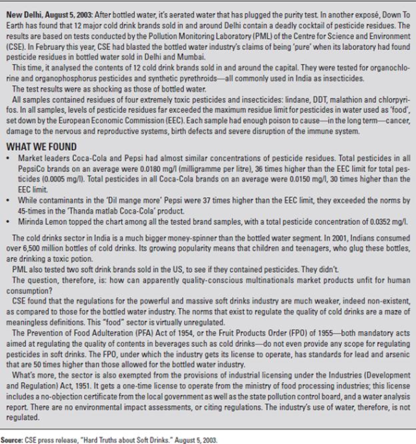 Coca-Cola India  On August 20, 2003, Sanjiv Gupta, president and CEO of Coca-Cola India, sat in his office contemplating the events of the last two weeks and debating his next move. Sales had dropped by 30-40 percent in only two weeks on the heels of a 75 percent five-year growth trajectory and 25-30 percent year-to-date growth. Many leading clubs, retailers, restaurants, and college campuses across India had stopped selling Coca-Cola. Only six weeks into his new role as CEO, Gupta was embroiled in a crisis that threatened the momentum gained from a highly successful two-year marketing campaign that had given Coca-Cola market leadership over Pepsi. On August 5, the Center for Science and Environment (CSE), an activist group in India focused on environmental sustainability issues (specifically the effects of industrialization and economic growth), issued a press release stating: 12 major cold drink brands sold in and around Delhi contain a deadly cocktail of pesticide residues (see Exhibit 10.1). According to tests conducted by the CSE's Pollution Monitoring Laboratory (PML) from April to August, three samples of 12 PepsiCo and Coca-Cola brands from across the city were found to contain pesticide residues surpassing global standards by 30-36 times, including lindane, DDT, malathion, and chlorpyrifos (see Exhibit 10.2). These four pesticides were known to cause cancer, damage to the nervous and reproductive systems, birth defects, and severe disruption of the immune system. In reaction to this report, the Indian government banned Coke and Pepsi products in Parliament, and state governments launched independent investigations, sending soft drink samples to labs for testing. The Coca-Cola Bottling Company (Coke) stock dipped by five dollars on the New York Stock Exchange from $55 to $50 in the six sessions following the August 5 disclosure, as did shares of Coca-Cola Enterprises (CCA). Pepsi and Coca-Cola called the CSE allegations baseless and questioned the method of testing, but the CSE claimed it had followed standard procedures documented by the U.S. Environmental Protection Agency, including gas chromatography and mass spectrometry. Pepsi's own tests conducted at an independent laboratory showed no detectable pesticides and led Pepsi to file a petition with the high court questioning the credibility of the CSE's claims, while Coke's Gupta commented: The allegation is serious and it has the potential to tarnish the image of our brands in the country. If this continues, we will consider legal recourse. Despite Coke and Pepsi's early responses denying the validity of the CSE's claims and threats of legal action, a survey conducted in Delhi a few days after the CSE announcement found that amajority of consumers believed the findings were correct and agreed with Parliament's move to ban the sale of soft drinks. The $1 billion Indian soft drink market was at stake, and Gupta had to act. EXHIBIT 10.1 Center for Science and Environment Press Release: Hard Truths about Soft Drinks      EXHIBIT 10.2 Pesticide Content in 12 Leading Soft Drink Brands      HISTORY OF COKE  THE EARLY DAYS  Coca-Cola was created in 1886 by John Pemberton, a pharmacist in Atlanta, Georgia, who sold the syrup mixed with fountain water as a potion for mental and physical disorders. The formula changed hands three more times before Asa D. Candler added carbonation, and by 2003, Coca-Cola was the world's largest manufacturer, marketer, and distributor of nonalcoholic beverage concentrates and syrups, with more than 400 widely recognized beverage brands in its portfolio. With the bubbles making the difference, Coca-Cola was registered as a trademark in 1887 and, by 1895, was being sold in every state and territory in the United States. In 1899, it franchised its bottling operations in the United States, growing quickly to reach 370 franchisees by 1910. Headquartered in Atlanta with divisions and local operations in over 200 countries worldwide, Coca-Cola generated more than 70 percent of its income outside the United States by 2003 (see Exhibit 10.3). INTERNATIONAL EXPANSION  Coke's first international bottling plants opened in 1906 in Canada, Cuba, and Panama.11 By the end of the 1920s, Coca-Cola was bottled in 27 countries throughout the world and available in 51 more. In spite of this reach, volume was low, quality inconsistent, and effective advertising a challenge with language, culture, and government regulation all serving as barriers. Former CEO Robert Woodruff's insistence that Coca-Cola wouldn't suffer the stigma of being an intrusive American product, and instead would use local bottles, caps, machinery, trucks, and personnel, contributed to Coke's challenges, as did the lack of standard processes and training, which degraded quality. EXHIBIT 10.3 The Coca-Cola Company Income Statement      Coca-Cola continued working for over 80 years on Woodruff's goal: to make Coke available wherever and whenever consumers wanted it, in arm's reach of desire. The Second World War proved to be the stimulus Coca-Cola needed to build effective capabilities around the world and achieve dominant global market share. Woodruff's patriotic commitment that every man in uniform gets a bottle of Coca-Cola for five cents, wherever he is and at whatever cost to our company was more than just great public relations. As a result of Coke's status as a military supplier, Coca-Cola was exempt from sugar rationing and also received government subsidies to build bottling plants around the world to serve WWII troops. EXHIBIT 10.4 Interbrand's Global Brand Scoreboard 2003      TURN-OF-THE-CENTURY GROWTH IMPERATIVE  The 1990s brought a slowdown in sales growth for the carbonated soft drink (CSD) industry in the United States, achieving only 0.2 percent growth by 2000 (just under 10 billion cases) in contrast to the 5-7 percent annual growth experienced during the 1980s. While per capita consumption throughout the world was a fraction of the United States', major beverage companies clearly had to look elsewhere for the growth their shareholders demanded. The looming opportunity for the twenty-first century was in the world's developing markets with their rapidly growing middle-class populations. THE WORLD'S MOST POWERFUL BRAND  Interbrand's Global Brand Scorecard for 2003 ranked Coca-Cola the #1 Brand in the World and estimated its brand value at $70.45 billion (see Exhibit 10.4). The ranking's methodology determined a brand's valuation on the basis of how much it was likely to earn in the future, distilling the percentage of revenues that could be credited to the brand, and assessing the brand's strength to determine the risk of future earnings forecasts. Considerations included market leadership, stability, and global reach, incorporating the brand's ability to cross both geographical and cultural borders. From the beginning, Coke understood the importance of branding and the creation of a distinct personality. Its catchy, well-liked slogans.(It's the Real Thing [1942, 1969], Things go better with Coke [1963], Coke Is It [1982], Can't Beat the Feeling [1987], and a 1992 return to Can't Beat the Real Thing) linked that personality to the core values of each generation and established Coke as the authentic, relevant, and trusted refreshment of choice across the decades and around the globe. INDIAN HISTORY  India is home to one of the most ancient cultures in the world, dating back over 5,000 years. At the beginning of the twenty-first century, 26 different languages were spoken across India, 30 percent of the population knew English, and greater than 40 percent were illiterate. At this time, the nation was in the midst of great transition, and the dichotomy between the old India and the new was stark. Remnants of the caste system existed alongside the world's top engineering schools and growing metropolises as the historically agricultural economy shifted into the services sector. In the process, India had created the world's largest middle class. A British colony since 1769, when the East India Company gained control of all European trade in the nation, India gained its independence in 1947 under Mahatma Gandhi and his principles of nonviolence and self-reliance. In the decades that followed, self-reliance was taken to the extreme as many Indians believed that economic independence was necessary to be truly independent. As a result, the economy was increasingly regulated, and many sectors were restricted to the public sector. This movement reached its peak in 1977 when the Janta party government came to power and Coca-Cola was thrown out of the country. In 1991, the first generation of economic reforms was introduced and liberalization began. COKE IN INDIA  Coca-Cola was the leading soft drink brand in India until 1977, when it left the country rather than reveal its formula to the government and reduce its equity stake, as required under the Foreign Exchange Regulation Act (FERA), which governed the operations of foreign companies in India. After a 16-year absence, Coca-Cola returned to India in 1993, cementing its presence with a deal that gave Coca-Cola ownership of the nation's top soft-drink brands and bottling network. Coke's acquisition of local popular Indian brands, including Thums Up (the most trusted brand in India), Limca, Maaza, Citra, and Gold Spot, provided not only physical manufacturing, bottling, and distribution assets but also achieved strong consumer preferences. This combination of local and global brands enabled Coca-Cola to exploit the benefits of global branding and global trends in tastes while also tapping into traditional domestic markets. Leading Indian brands joined the company's international family of brands, including Coca-Cola, Diet Coke, Sprite, and Fanta, plus the Schweppes product range. In 2000, the company launched the Kinley water brand, and in 2001, Shock energy drink and the powdered concentrate Sunfill hit the market. From 1993 to 2003, Coca-Cola invested more than US$1 billion in India, making it one of the country's top international investors. By 2003, Coca-Cola India had won the prestigious Woodruf Cup from among 22 divisions of the company, based on the three broad parameters of volume, profitability, and quality. Coca-Cola India achieved 39 percent volume growth in 2002 while the industry grew 23 percent nationally and the company reached break-even profitability in the region for the first time. Encouraged by its 2002 performance, Coca-Cola India announced plans to double its capacity at an investment of $125 million (Rs.750 crore) between September 2002 and March 2003. Coca-Cola India produced its beverages with the help of 7,000 local employees at its 27 wholly owned bottling operations, supplemented by 17 franchisee-owned bottling operations and a network of 29 contract packers to manufacture a range of products for the company. The complete manufacturing process had a documented quality control and assurance program, including over 400 tests performed through out the process (see Exhibit 10.5). The complexity of the consumer soft drink market demanded a distribution process to support 700,000 retail outlets serviced by a fleet that included 10-ton trucks, open-bay three wheelers, and trademarked tricycles and pushcarts that were used to navigate the narrow alleyways of the cities.25 In addition to its own employees, Coke indirectly created employment for another 125,000 Indians through its procurement, supply, and distribution networks. Sanjiv Gupta, President and CEO of Coca- Cola India, joined Coke in 1997 as Vice President of Marketing, and was instrumental to the company's success in developing a brand relevant to the Indian consumer and tapping India's vast rural market potential. Following his marketing responsibilities, Gupta served as head of operations for company-owned bottling operations and then as deputy president. Seen as the driving force behind recent successful forays into packaged drinking water, powdered drinks, and ready-to-serve tea and coffee, Gupta and his marketing prowess were critical to the continued growth of the company. EXHIBIT 10.5 Routine Tests Carried Out by Bottling Operations and External      THE INDIAN BEVERAGE MARKET  India's 1 billion people, growing middle class, and low per capita consumption of soft drinks made it a highly contested prize in the global CSD market in the early twenty-first century. Ten percent of the country's population lived in urban areas or large cities and drank 10 bottles of soda per year, while the vast remainder lived in rural areas, villages, and small towns, where annual per capita consumption was less than four bottles. Coke and Pepsi dominated the market and together had a consolidated market share above 95 percent. Although soft drinks were once considered products only for the affluent, by 2003, 91 percent of sales were made to the lower, middle, and upper-middle classes. Soft drink sales in India grew 76 percent between 1998 and 2002, from 5,670 million bottles to over 10,000 million (see Exhibit 10.6), and were expected to grow at least 10 percentper year through 2012. In spite of this growth, annual per capita consumption was only 6 bottles versus 17 in Pakistan, 73 in Thailand, 173 in the Philippines, and 800 in the United States. With its large population and low consumption, the rural market represented a significant opportunity for penetration and a critical battleground for market dominance. In 2001, Coca-Cola recognized that to compete with traditional refreshments, including lemon water, green coconut water, fruit juices, tea, and lassi, competitive pricing was essential. In response, Coke launched a smaller bottle priced at almost 50 percent the amount of the traditional package. EXHIBIT 10.6 Soft Drink Sales in India      MARKETING COLA IN INDIA  The post-liberalization period in India saw the comeback of cola, but Pepsi had already beaten Coca-Cola to the punch, creatively entering the market in the 1980s in advance of liberalization by way of a joint venture (JV). As early as 1985, Pepsi tried to gain entry into India and finally succeeded with the Pepsi Foods Limited Project in 1988, as a JV among PepsiCo, the Punjab government-owned Punjab Agro Industrial Corporation (PAIC), and Voltas India Limited. Pepsi was marketed and sold as Lehar Pepsi until 1991, when the use of foreign brands was allowed under the new economic policy, after which Pepsi bought out its partners and became a fully owned subsidiary, ending the JV relationship in 1994. Although the joint venture was only marginally successful in its own right, it allowed Pepsi to gain precious early experience with the Indian market and served as an introduction of the Pepsi brand to the Indian consumer, such that it was well poised to reap the benefits when liberalization came. Although Coke benefited from Pepsi creating demand and developing the market, Pepsi's head start gave Coke a disadvantage in the mind of the consumer. Pepsi's appeal focused on youth, and when Coke entered India in 1993 and approached the market selling an American way of life, it failed to resonate as expected. 2001 MARKETING STRATEGY  Coca-Cola CEO Douglas Daft set the direction for the next generation of success for his global brand with a Think local, act local mantra. Recognizing that a single global strategy or single global campaign wouldn't work, locally relevant executions became an increasingly important element of supporting Coke's global brand strategy. In 2001, after almost a decade of lagging rival Pepsi in the region, Coke India re-examined its approach in an attempt to gain leadership in the Indian market and capitalize on significant growth potential, particularly in rural markets. The foundation of the new strategy grounded brand positioning and marketing communications in consumer insights, acknowledging that urban versus rural India were two distinct markets on a variety of important dimensions. The soft drink category's role in people's lives, the degree of differentiation between consumer segments and their reasons for entering the category, and the degree to which brands in the category projected different perceptions to consumers were among the many important differences between how urban and rural consumers approached the market for refreshment. In rural markets, where both the soft drink category and individual brands were undeveloped, the task was to broaden the brand positioning, whereas in urban markets, with their higher category and brand development, the task was to narrow the brand positioning, focusing on differentiation through offering unique and compelling value. This lens, informed by consumer insights, gave Coke direction on the trade-off between focus and breadth that a brand needed in a given market and made clear that to succeed in either segment, unique marketing strategies were required in urban versus rural India. BRAND LOCALIZATION STRATEGY:  THE TWO INDIAS  INDIA A: LIFE HO TO AISI  India A, the designation Coca-Cola gave to the market segment including metropolitan areas and large towns, represented 4 percent of the country's population. This segment sought social bonding as a need and responded to aspirational messages, celebrating the benefits of their increasing social and economic freedoms.  Life ho to aisi  (life as it should be) was the successful and relevant tagline that marked Coca-Cola's advertising to this audience. INDIA B: THANDA MATLAB COCA-COLA  Coca-Cola India believed that the first brand to offer communication targeted to the smaller towns would own the rural market and therefore went after that objective with a comprehensive strategy. India B included small towns and rural areas, constituting the other 96 percent of the nation's population. This segment's primary need was out-of-home thirst-quenching; the soft drink category was undifferentiated in the minds of rural consumers. Additionally, with an average Coke costing Rs. 10 and an average day's wages around Rs. 100, Coke was perceived as a luxury that few could afford. In an effort to make the price point of Coke affordable for this high-potential market, Coca-Cola launched the Accessibility Campaign, introducing a new 200-mL bottle that was smaller than the traditional 300-mL bottle found in urban markets, and concurrently cutting the price in half to Rs. 5. This pricing strategy closed the gap between Coke and basic refreshments like lemonade and tea, making soft drinks truly accessible for the first time. At the same time, Coke invested in distribution infrastructure to serve a disbursed population effectively and doubled the number of retail outlets in rural areas from 80,000 in 2001 to 160,000 in 2003, increasing market penetration from 13 to 25 percent. Coke's advertising and promotion strategy pulled the marketing plan together using local language and idiomatic expressions. Thanda, meaning cool/cold, is also generic for cold beverages and gave Thanda Matlab Coca-Cola delicious multiple meanings. Literally translated to Coke means refreshment, the phrase directly addressed both the primary need of this segment for cold refreshment while positioning Coke as a Thanda, or a generic cold beverage just like tea, lassi, or lemonade. As a result of the Thanda campaign, Coca-Cola won Advertiser of the Year and Campaign of the Year in 2003. RURAL SUCCESS  Comprising 74 percent of the country's population, 41 percent of its middle class, and 58 percent of its disposable income, the rural market was an attractive target, and it delivered results. Coke experienced 37 percent growth in 2003 in this segment versus the 24 percent growth seen in urban areas. Driven by the launch of the new Rs. 5 product, per capita consumption doubled between 2001 and 2003. This market accounted for 80 percent of India's new Coke drinkers, 30 percent of 2002 volume, and was expected to account for 50 percent of the company's sales in 2003. EXHIBIT 10.7 Coca-Cola Principles of Corporation Citizenship      CORPORATE SOCIAL RESPONSIBILITY  As one of the largest and most global companies in the world, Coca-Cola took seriously its ability and responsibility to affect the communities in which it operated. The company's mission statement, called the Coca-Cola Promise, stated: The Coca-Cola Company exists to benefit and refresh everyone who is touched by our business. The company has made efforts toward good citizenship in the areas of community, by improving the quality of life in the communities in which it operates, and the environment, by addressing water, climate change, and waste management initiatives. Its activities also include The Coca-Cola Africa Foundation, created to combat the spread of HIV/AIDS through partnership with governments, UNAIDS, and other nongovernmental organizations (NGOs), and The Coca-Cola Foundation, focused on higher education as a vehicle to build strong communities and enhance individual opportunity (see Exhibit 10.7). Coca-Cola's footprint in India was significant as well. The company employed 7,000 citizens and believed that for every direct job, 30-40 more were created in the supply chain. Like its parent, Coke India's corporate social responsibility (CSR) initiatives were both community- and environment-focused. Priorities included education, where primary education projects had been set up to benefit children in slums and villages; water conservation, where the company supported community-based rainwater harvesting projects to restore water levels and promote conservation education; and health, where Coke India partnered with NGOs and governments to provide medical access to poor people through regular health camps. In addition to outreach efforts, the company committed itself to environmental responsibility through its own business operations in India, including • Environmental due diligence before acquiring land or starting projects. • Environmental impact assessment before commencing operations. • Ground water and environmental surveys before selecting sites. • Compliance with all regulatory environmental requirements. • Ban on purchasing CFC-containing refrigeration equipment. • Wastewater treatment facilities with trained personnel at all company-owned bottling operations. • Energy conservation programs. • 50 percent water savings in the last seven years of operations. PREVIOUS COKE CRISES  Despite Coke's reputation as a socially responsible corporate citizen, the company has faced its share of controversy worldwide, surrounding both its products and its policies in the years preceding the Indian pesticide crisis. INGRAM ET AL. V. THE COCA-COLA COMPANY -1999  In the spring of 1999, four current and former Coca-Cola employees, led by Information Analyst Linda Ingram, filed bias charges against Coca-Cola in Atlanta federal court. The lawsuit charged the company with racial discrimination and stated: This discrimination represents a company-wide pattern and practice, rather than a series of isolated incidents. Although Coca-Cola has carefully crafted its message toward African-American consumers of its product via public announcements, strategic alliances and specific marketing strategies, it has failed to place the same importance on its African-American employees. In the decades leading up to the suit, both internal and external warnings surrounding Coke's diversity practices were issued. In 1981, the Reverend Jesse Jackson, Director of the Rainbow/PUSH Coalition, instigated a boycott against Coca-Cola, challenging the company to improve its business relationship significantly with the African-American community. The Ware report, written by Senior Vice President Carl Ware, an African-American executive at the company, cited a lack of diversity at the decision-making level, a basic lack of workplace diversity, a ghettoization among blacks who worked for Cola-Cola, and an overt lack of respect for cultural differences, as well as an implicit assumption that African-American employees lacked the intelligence to meet the challenges of the highest executive levels. Cyrus Mehri, one of the most visible and successful plaintiff advocates in the United States, represented the group and was skilled at leveraging the power of the media, creating a true crisis for the Coca-Cola Company and exerting tremendous pressure for settlement. In 2000, the lawsuit was settled for $192.5 million after the company had sent mixed messages and damaging statements regarding the merit of the suit for over a year. Analysts identified the bias suit as a prime reason for the $100 billion decrease in Coca-Cola's stock price between 1998 and 2000. BELGIUM-1999  On June 8, 1999, 33 Belgian school children became ill after drinking Coke bottled at a local facility in Antwerp. A few days later, more Belgians complained of similar symptoms after drinking cans of Coke that had been bottled at a plant in Dunkirk, France, and 80 people in northern France were allegedly stricken by intestinal problems and nausea, bringing the total afflicted to over 250. In the days following the first outbreak, 17 million cases of Coke from five European countries were recalled and destroyed. It was the largest product recall in Coke's history, and Belgian and French authorities banned the sale of Coca-Cola products for 10 days. Germany placed a temporary import ban on Coca-Cola produced in Belgium and the Netherlands, and Luxembourg banned all Coca-Cola products. Health ministers in Italy, Spain, and Switzerland warned people about consuming Coke products. Coca-Cola sources explained that the contamination was due to defective carbon dioxide (CO 2 ) used at the Antwerp plant and that a wood preservative used on shipping pallets had concentrated on the outside of cans at the Dunkirk plant. The European Commission, however, believed production faults and contaminated pipes were more likely to be the cause of the problem. Although CEO Ivester was in Paris when the news broke, he flew home to Atlanta and kept silent, waiting over a week to issue his first public statement on the crisis, citing that Coke would do whatever necessary to ensure the safety of its products. A Netherlands based toxicologist Coke had hired issued a report on June 29 exempting the company from blame for the CO 2 impurity in Antwerp and the fungicide at Dunkirk. Although the product ban was lifted, Coke had a tremendous amount of work to do to win back consumer confidence. An aggressive PR campaign included vouchers and coupons for free product delivered to each of Belgium's 4.4 million homes; sponsored dances, beach parties, and summer fairs for teenagers; and significant television advertising reinforcing that Today, more than ever, we thank you for your loyalty. KINLEY BOTTLED WATER-2003  On February 4, 2003, the Center for Science and Environment (CSE) in India released a report based on tests conducted by the Pollution Monitoring Laboratory (PML) titled Pure Water or Pure Peril? Analyses of 17 packaged drinking water brands sold across the country revealed evidence of pesticide residues, including lindane, DDT, malathion, and chlorpyrifos. The CSE used European norms for maximum permissible limits for pesticides in packaged water, because the standards set for pesticide residues by the Bureau of Indian Standards (BIS) are vague and undefined. Coca-Cola's Kinley water brand had concentration levels 15 times higher than stipulated limits, topseller Biserli had 79 times, and Aquaplus topped the list at 109 times. In the wake of this statement, Coca-Cola remained largely silent, and the buzz went away. EXHIBIT 10.8 Corporate Communication at Coca-Cola      CORPORATE COMMUNICATION AT COCA-COLA  Corporate communications was a critical function at the Coca-Cola Company, given the number of constituencies both internal and external to the company. In addition, the complexity and global reach of the company's operations could not be centrally managed and instead demanded a matrixed team organization. The senior communications position at the company, Senior Vice President, Worldwide Public Affairs Communication, sat on the company's executive committee and reported to the Chairman and CEO at the time of the crisis in India. Director-level corporate communication functions included media relations, nutrition communications, financial communications, and marketing communications, but the geographic diversity of the company's businesses required regionally based communication leaders in addition to the corporate resources in place. As a result, five regional Communication Directors serviced North America, Latin America, Asia, Europe, and Africa with their own teams of communications professionals (see Exhibit 10.8). NGO ACTIVISM  Nongovernmental organizations initially evolved to influence governments, but by the early twenty-first century, many realized that targeting corporations and key corporate constituents such as investors and customers could be an even more powerful way to effect change. Along with their ability to focus, gain attention, and act quickly was the high level of credibility NGOs had cultivated with many constituencies. This credibility stemmed in part from their emotional, rather than fact-based, appeals and the impassioned nature of their arguments. The most common tactic of NGOs was to develop campaigns against business through which they garnered support from consumers and the media. These campaigns, such as Greenpeace's attack on Shell Oil following the company's decision to dump the Brent Spar oil rig in the ocean in the 1990s, typically focused on a single issue; targeted companies with successful and well-known brands such as McDonald's and Nike; and were augmented by market trends such as the homogenization created by chains like Walmart and Starbucks. The NGOs realized that anticorporate campaigns could be far more powerful than antigovernment campaigns. Global Exchange's attack on Nike for sweatshop labor conditions in the 1990s, for example, was one of the most highly publicized and also one of the most successful antibusiness campaigns by an NGO. CENTER FOR SCIENCE AND ENVIRONMENT  The CSE, an NGO, was established in India in 1980 by a group of engineers, scientists, journalists, and environmentalists to catalyze the growth of public awareness on vital issues in science, technology, environment, and development. Led by Sumita Narain, a former schoolmate of Coke India CEO Gupta, the CSE's efforts included communication for awareness, research and advocacy, education and training, documentation, and pollution monitoring. Spurred by the February 2003 report on bottled water and questions such as, if what we found in bottled water was correct, then what about soft drinks? the CSE's August 2003 report claimed that soft drinks were extremely dangerous to Indian citizens, according to tests conducted at the Pollution Monitoring Laboratory (PML). All samples contained residues of lindane, DDT, malathion, and chlorpyrifos, toxic pesticides and insecticides known to cause serious long-term health issues. Total pesticides in all Coca-Cola brands averaged 0.0150 mg/l, or 30 times higher than the European Economic Commission (EEC) limit. PML also tested samples of Coke and Pepsi products sold in the United States to see if they contained pesticides; they did not. The CSE report called on the government to put in place legally enforceable water standards and chastised the multinationals for taking advantage of the situation at the expense of consumer health and well-being. INDIAN REGULATORY ENVIRONMENT  The main law governing food safety in India was the 1954 Prevention of Food Alteration Act (PFA), which contained a rule regulating pesticides in foods but did not include beverages. The Food Processing Order (1955) required that the main ingredient used in soft drinks be potable water, but the Bureau of Indian Standards (BIS) had no prescribed standards for pesticides in water. One BIS directive stated that pesticides must be absent and set a limit of 0.001 part per million, but the Health Secretary admitted, There are lapses in PFA regarding carbonated drinks. Indian law enforcement was minimal, with virtually no convictions under PFA. In the absence of national standards, NGOs such as the CSE turned to the United States and the European Union for inte
