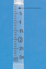 Use decimal numbers-for example, 2.2 mL-to identify the measurements indicated by the arrows on the standard 3 mL syringes that follow.     _______