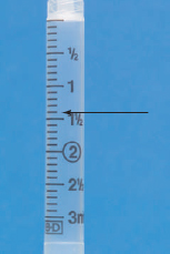 Use decimal numbers-for example, 2.2 mL-to identify the measurements indicated by the arrows on the standard 3 mL syringes that follow.     _______