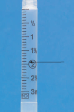 Use decimal numbers-for example, 2.2 mL-to identify the measurements indicated by the arrows on the standard 3 mL syringes that follow.     _______