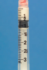 What dosages are measured by the following three assembled syringes?     __________
