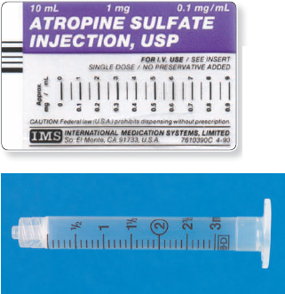 Read the parenteral drug labels provided to measure the following dosages. Then, indicate on the syringe provided exactly how much solution you will draw up to obtain these dosages. Have your answers checked by your instructor to be sure you have measured the dosages correctly. atropine 0.2 mg _______   