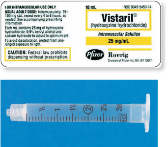 Read the parenteral drug labels provided to measure the following dosages. Then, indicate on the syringe provided exactly how much solution you will draw up to obtain these dosages. Have your answers checked by your instructor to be sure you have measured the dosages correctly. hydroxyzine HCl 25 mg _______