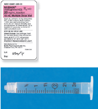Read the parenteral drug labels provided to measure the following dosages. Then, indicate on the syringe provided exactly how much solution you will draw up to obtain these dosages. Have your answers checked by your instructor to be sure you have measured the dosages correctly. nubain 10 mg _______   