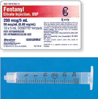 Read the parenteral drug labels provided to measure the following dosages. Then, indicate on the syringe provided exactly how much solution you will draw up to obtain these dosages. Have your answers checked by your instructor to be sure you have measured the dosages correctly. Fentanyl 125 mcg _______