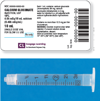 Read the parenteral drug labels provided to measure the following dosages. Then, indicate on the syringe provided exactly how much solution you will draw up to obtain these dosages. Have your answers checked by your instructor to be sure you have measured the dosages correctly. calcium gluconate 0.9? mEq _______