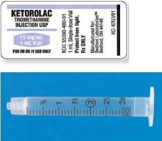 Read the parenteral drug labels provided to measure the following dosages. Then, indicate on the syringe provided exactly how much solution you will draw up to obtain these dosages. Have your answers checked by your instructor to be sure you have measured the dosages correctly. ketorolac tromethamine ?0 mg _______   