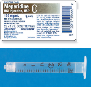 Read the parenteral drug labels provided to measure the following dosages. Then, indicate on the syringe provided exactly how much solution you will draw up to obtain these dosages. Have your answers checked by your instructor to be sure you have measured the dosages correctly. meperidine 50 mg _______   