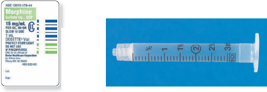 Read the parenteral drug labels provided to measure the following dosages. Then, indicate on the syringe provided exactly how much solution you will draw up to obtain these dosages. Have your answers checked by your instructor to be sure you have measured the dosages correctly. morphine sulfate 15 mg _______