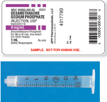 Read the parenteral drug labels provided to measure the following dosages. Then, indicate on the syringe provided exactly how much solution you will draw up to obtain these dosages. Have your answers checked by your instructor to be sure you have measured the dosages correctly. dexamethasone 2 mg _______   