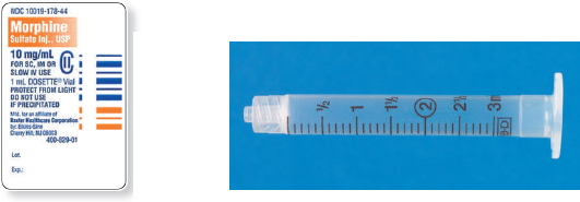Read the parenteral drug labels provided to measure the following dosages. Then, indicate on the syringe provided exactly how much solution you will draw up to obtain these dosages. Have your answers checked by your instructor to be sure you have measured the dosages correctly. morphine 15 mg _______