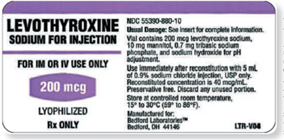 Refer to the levothyroxine sodium label in Figure to answer the following questions. What is the per mL strength of the reconstituted solution? ________ Figure