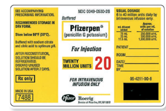 Refer to the Pfizerpen label in Figure to answer these additional questions. If you add 75 mL of diluent to prepare a solution of penicillin, what dosage strength will you print on the label?__________ Figure