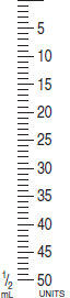 Use the syringe calibrations provided to measure the following dosages. For combined insulin dosages, use arrows to indicate the exact calibration to be used for each insulin ordered. Have your instructor check your answers. 17 units Regular 12 units NPH   