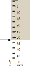 Use the syringe calibrations provided to measure the following dosages. For combined insulin dosages, use arrows to indicate the exact calibration to be used for each insulin ordered. Have your instructor check your answers. __________   