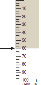Use the syringe calibrations provided to measure the following dosages. For combined insulin dosages, use arrows to indicate the exact calibration to be used for each insulin ordered. Have your instructor check your answers. __________   