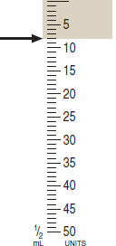 Use the syringe calibrations provided to measure the following dosages. For combined insulin dosages, use arrows to indicate the exact calibration to be used for each insulin ordered. Have your instructor check your answers. __________   