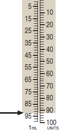 Use the syringe calibrations provided to measure the following dosages. For combined insulin dosages, use arrows to indicate the exact calibration to be used for each insulin ordered. Have your instructor check your answers. __________   