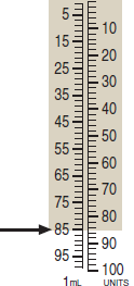 Use the syringe calibrations provided to measure the following dosages. For combined insulin dosages, use arrows to indicate the exact calibration to be used for each insulin ordered. Have your instructor check your answers. __________   