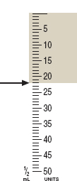 Refer to the syringe calibrations for the 50 unit calibrated syringes provided to identify the dosages indicated by the shaded areas and arrows.____   