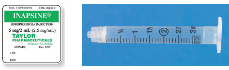 Calculate these dosages using ratio and proportion. Express mL answers to the nearest tenth (or hundredth where indicated) using the medication labels provided. Measure the dosages you calculate on the syringes provided. Have your answers checked by your instructor to be sure you have calculated and measured the dosages correctly. droperidol 4 mg ____