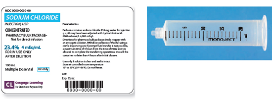 Calculate these dosages using ratio and proportion. Express mL answers to the nearest tenth (or hundredth where indicated) using the medication labels provided. Measure the dosages you calculate on the syringes provided. Have your answers checked by your instructor to be sure you have calculated and measured the dosages correctly. sodium chloride 60 mEq for an IV additive ____   